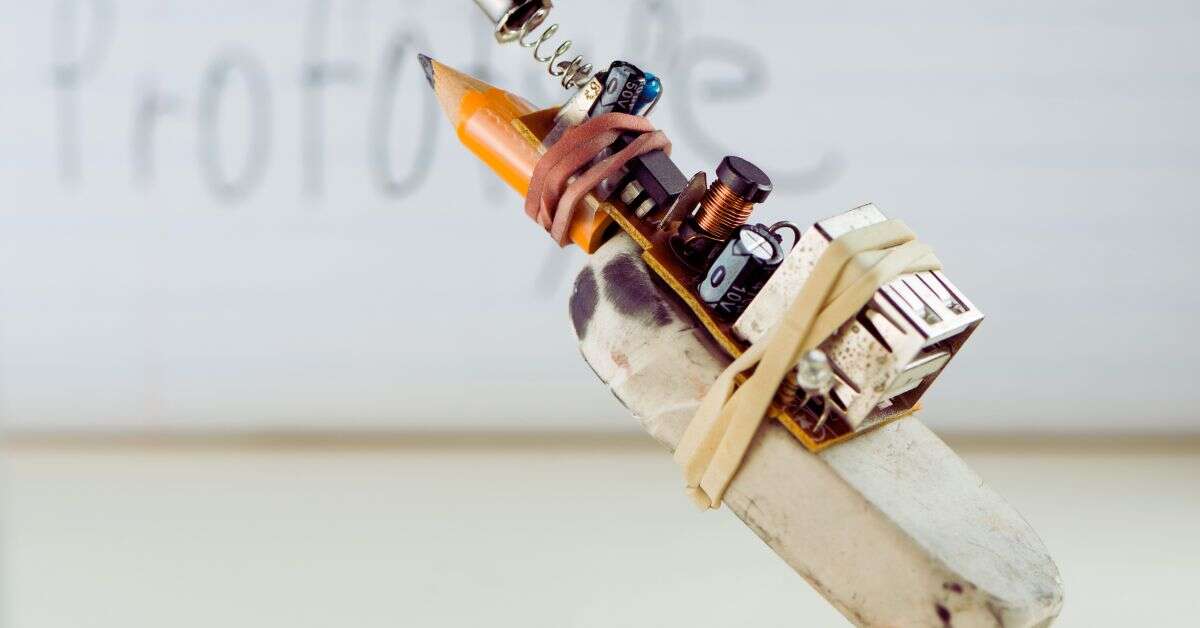 Close-up of a pencil attached to an eraser with rubber bands, fulfilling prototyping needs alongside a small electronic circuit and USB port. The background features blurred text on a whiteboard.