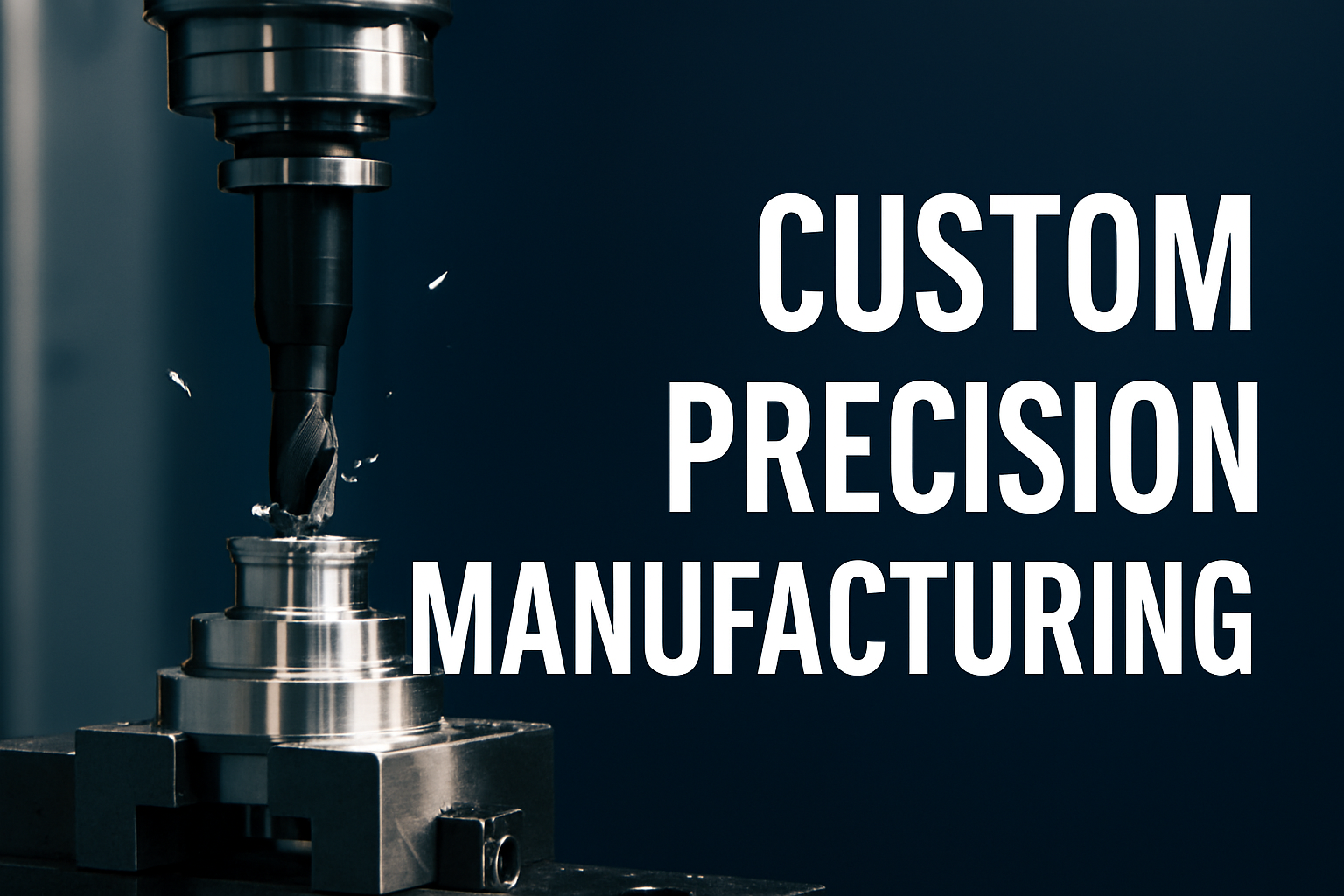 A CNC milling machine cuts a metal part, highlighting custom precision manufacturing with bold white text against a dark background.
