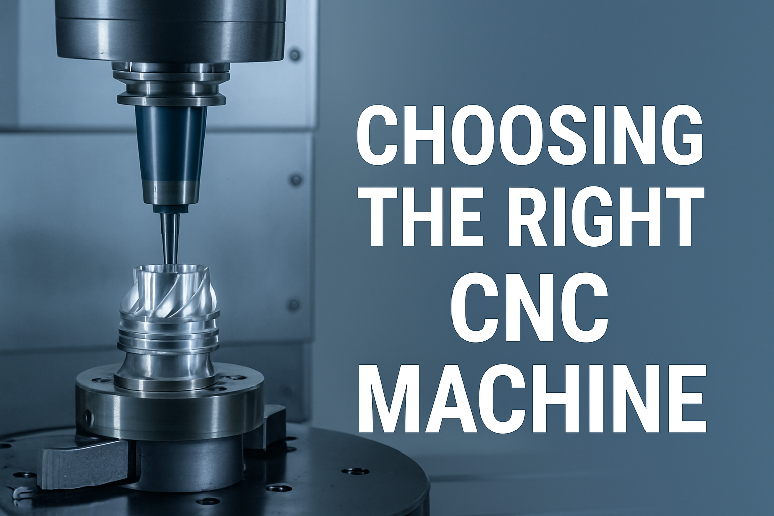 A CNC machine is drilling into a metal part, showcasing what steel fabricators do. Beside the machine, bold text reads: "CHOOSING THE RIGHT CNC MACHINE." The scene unfolds in shades of grey and blue.