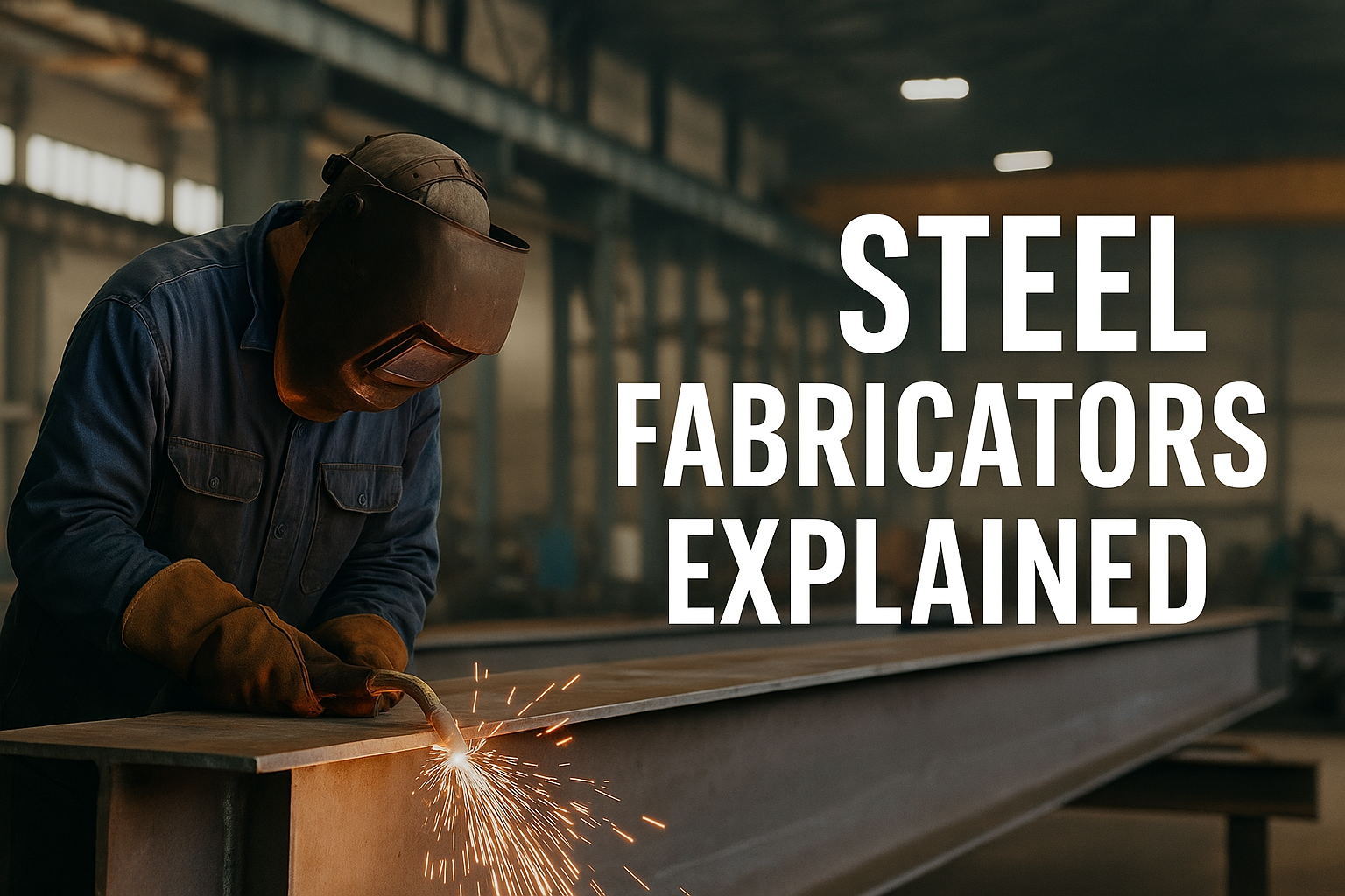 A person in protective gear welds a steel beam as sparks fly in an industrial setting. Large text reads, "STEEL FABRICATORS EXPLAINED: What do steel fabricators do?.