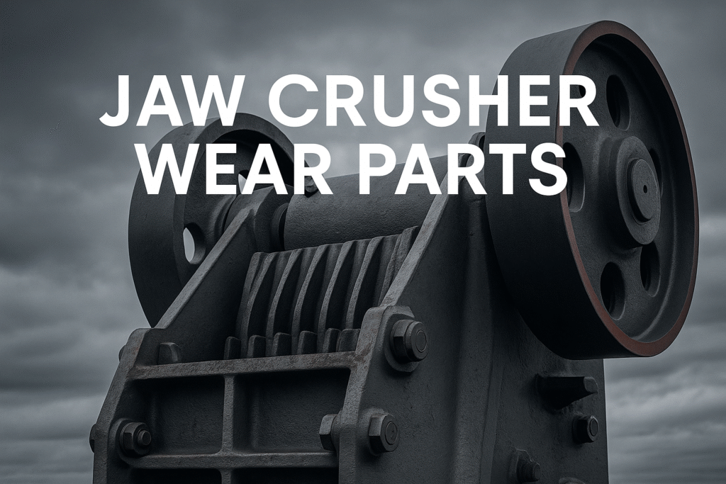 Close-up of a jaw crusher machine against a cloudy sky, with bold white text overlaid that reads "JAW CRUSHER WEAR PARTS," highlighting the importance of durable jaw crusher wear parts for reliable performance.