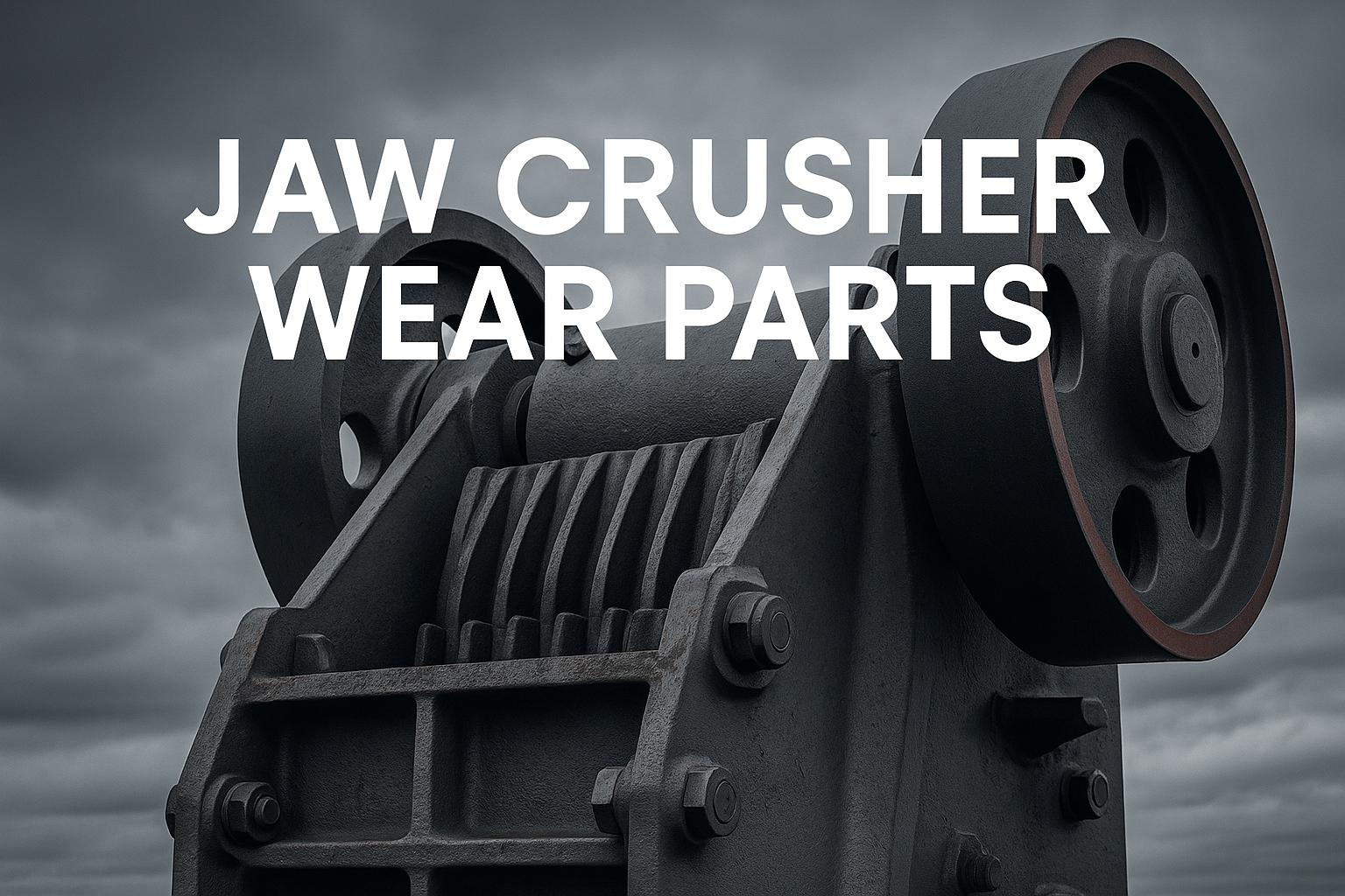 Close-up of a jaw crusher machine against a cloudy sky, with bold white text overlaid that reads "JAW CRUSHER WEAR PARTS," highlighting the importance of durable jaw crusher wear parts for reliable performance.