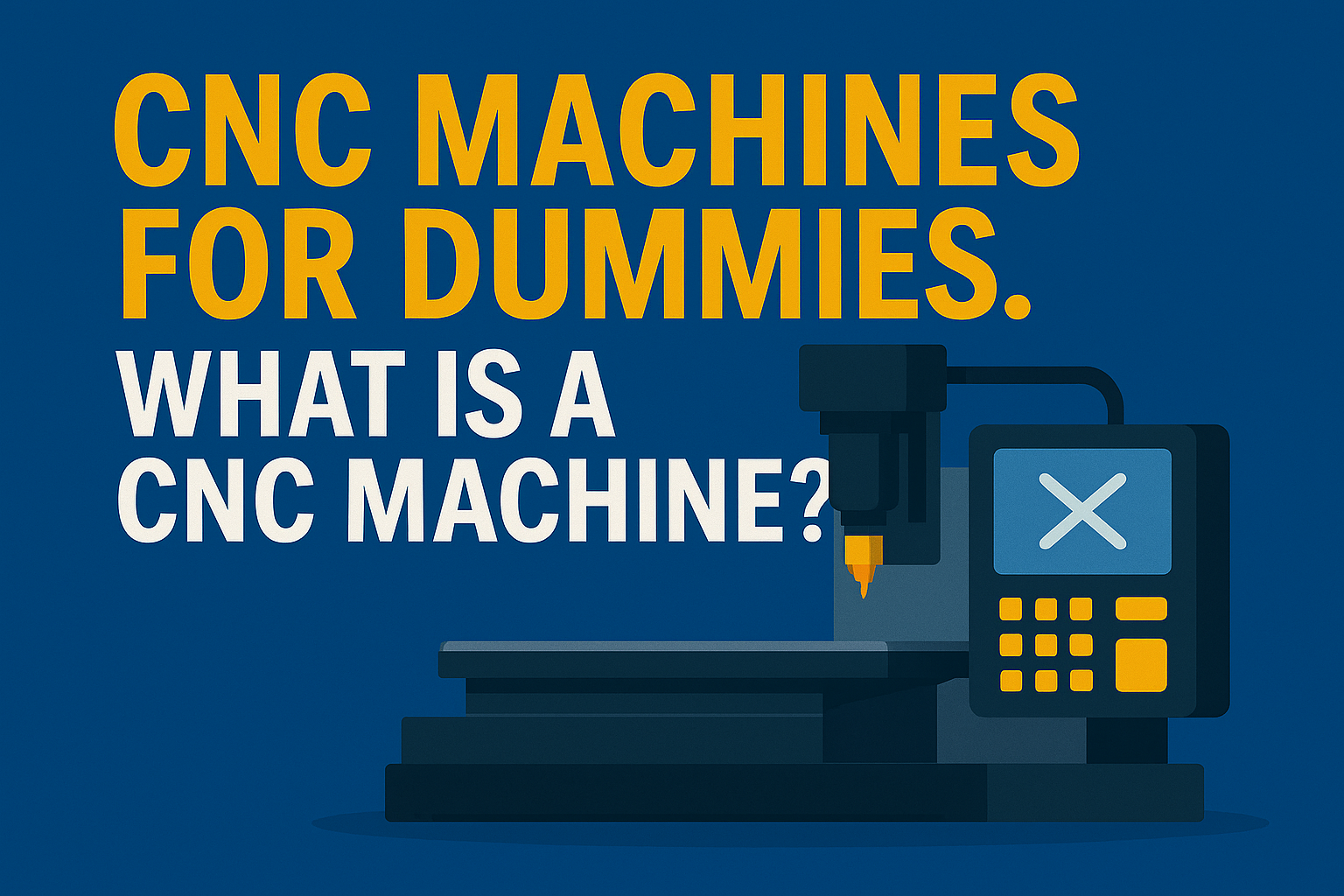 Illustration of a CNC machine beside bold yellow and white text reading "What is a CNC Machine? CNC Machines For Dummies" on a blue background. Perfect for those wondering, what is a cnc machine?.