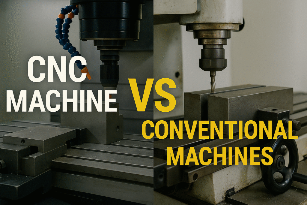 Split image showing a CNC machine in manufacturing on the left and a conventional machine on the right, both working on metal blocks, with "CNC Machine vs Conventional Machines" overlaid in bold yellow and white letters.