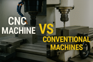 Split image showing a CNC machine in manufacturing on the left and a conventional machine on the right, both working on metal blocks, with "CNC Machine vs Conventional Machines" overlaid in bold yellow and white letters.