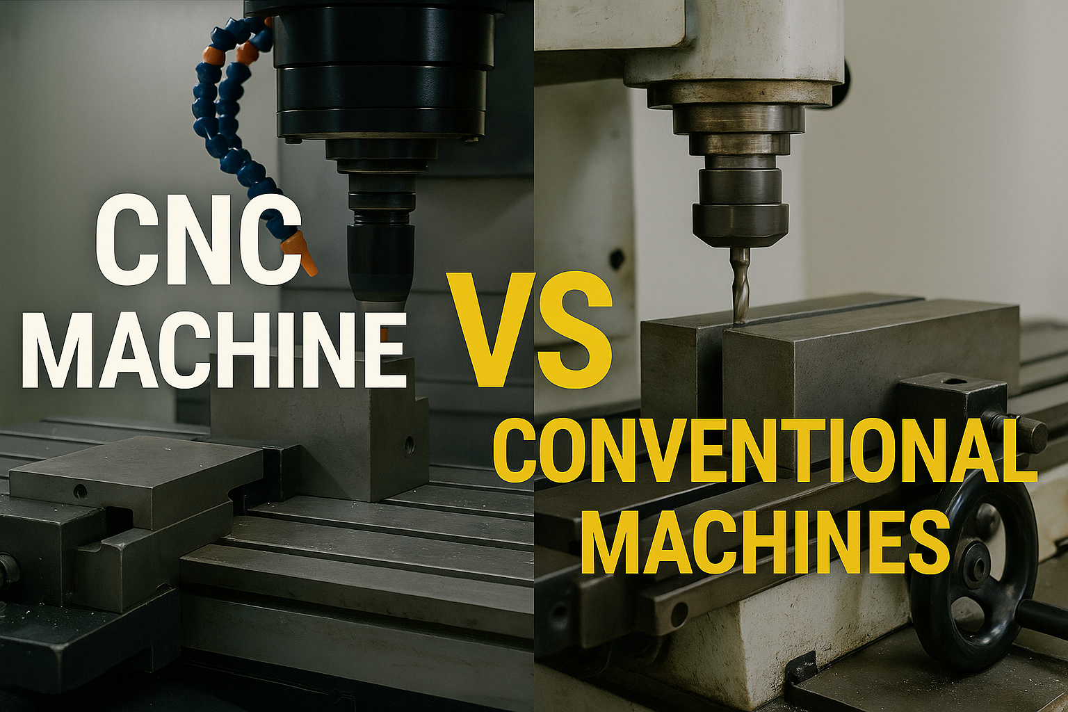 Split image showing a CNC machine in manufacturing on the left and a conventional machine on the right, both working on metal blocks, with "CNC Machine vs Conventional Machines" overlaid in bold yellow and white letters.