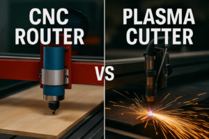 Split image showcases a cnc router vs plasma cutter: on the left, a CNC router shapes wood; on the right, a plasma cutter slices metal with sparks. Bold text labels each tool, separated by a striking “VS” in the center.