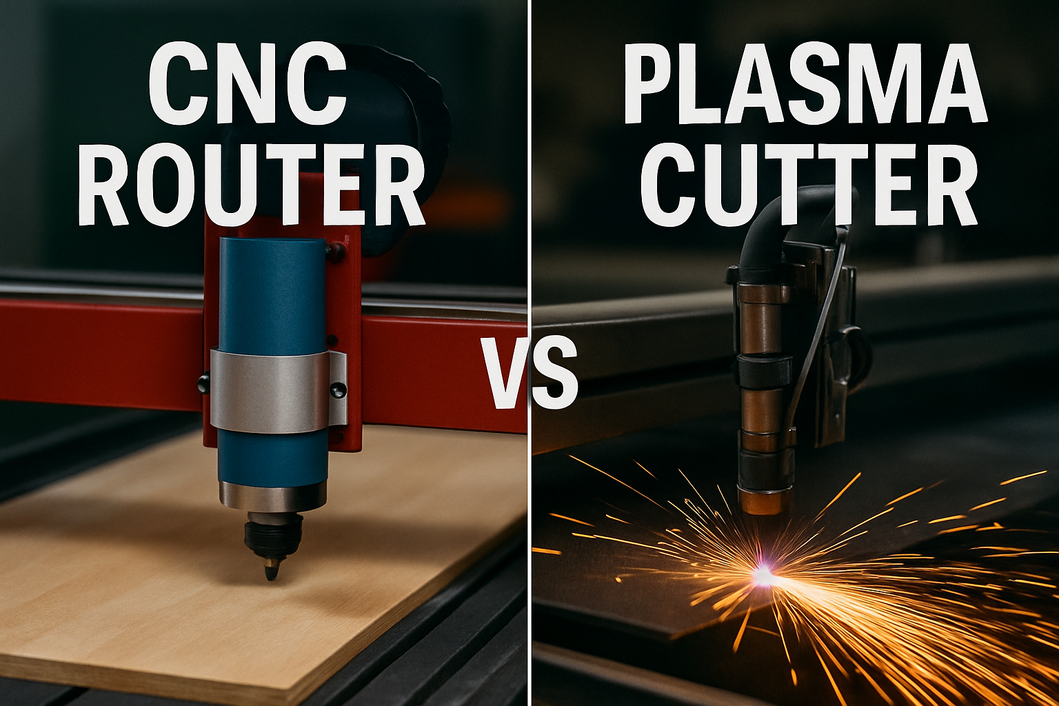 Split image showcases a cnc router vs plasma cutter: on the left, a CNC router shapes wood; on the right, a plasma cutter slices metal with sparks. Bold text labels each tool, separated by a striking “VS” in the center.