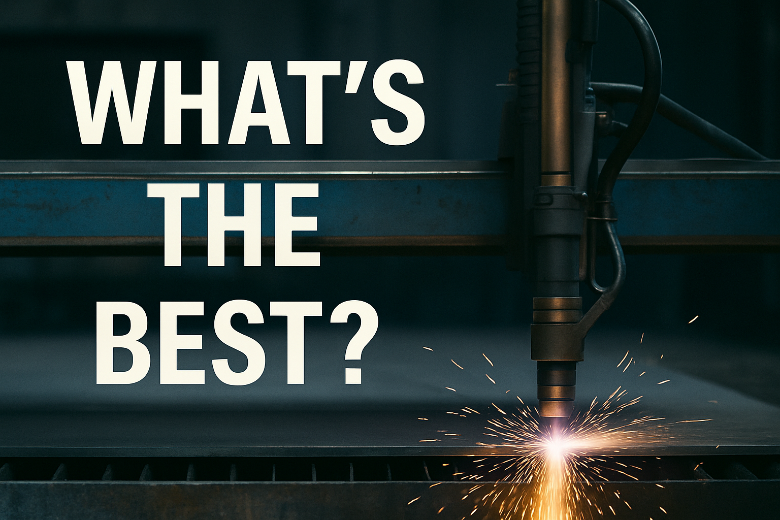 A plasma cutting torch emits sparks as it cuts metal, with bold white text on the left reading "WHAT'S THE BEST CNC PLASMA CUTTER?".