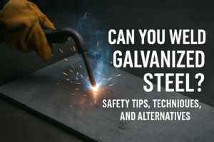 A gloved hand holds a welding torch emitting sparks onto a metal sheet; text reads, “Can you weld galvanized steel? Discover safety tips, techniques, and can you weld galvanized steel alternatives.”.