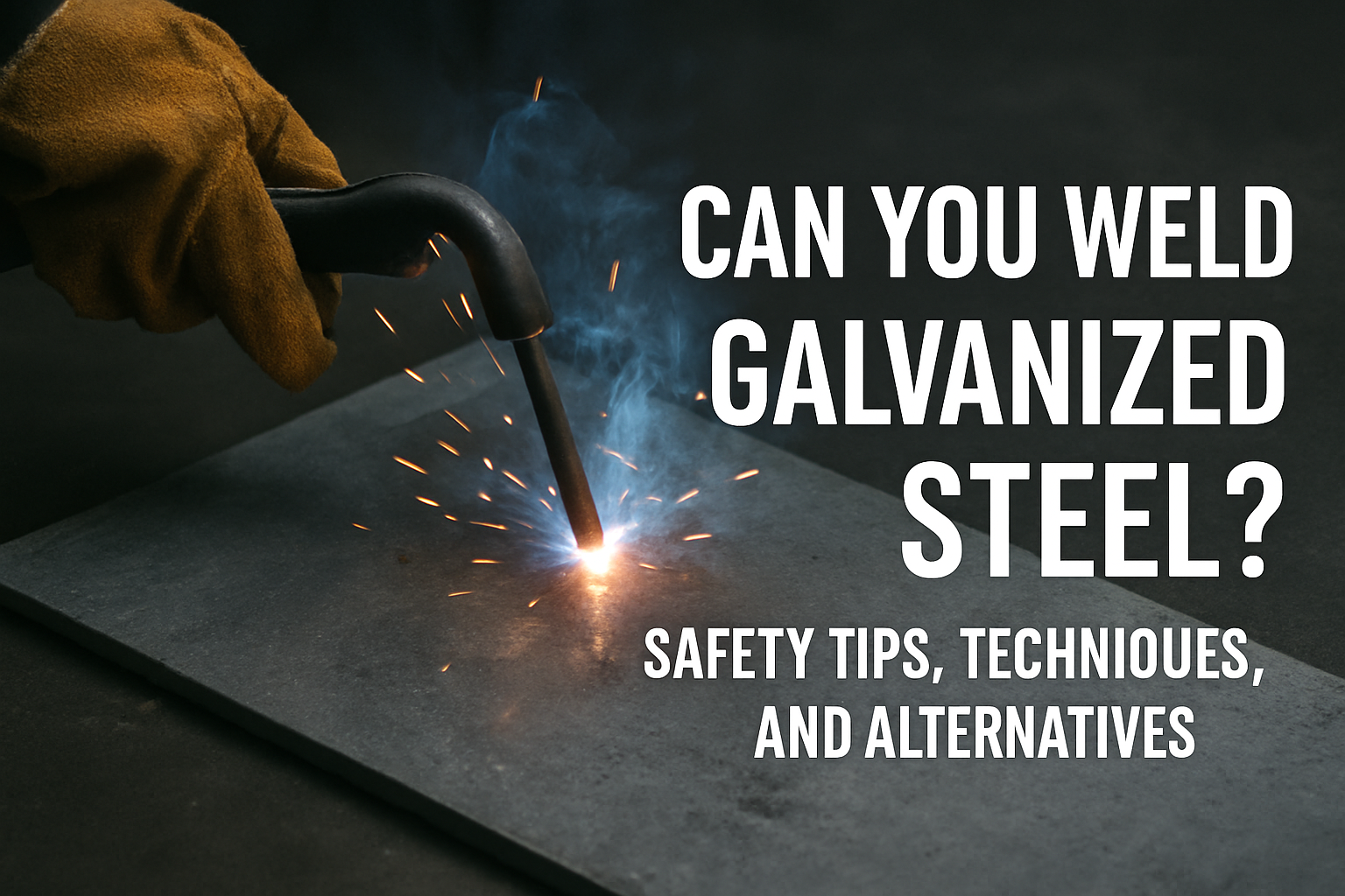 A gloved hand holds a welding torch emitting sparks onto a metal sheet; text reads, “Can you weld galvanized steel? Discover safety tips, techniques, and can you weld galvanized steel alternatives.”.