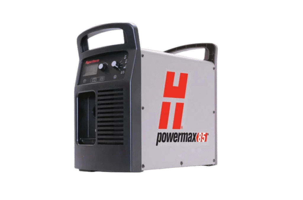 A gray and black Powermax85 plasma cutter machine with a handle on top, a control panel with knobs and vents on the front, and the red Powermax85 logo on the side.