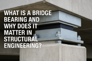 A close-up of a metal and rubber bridge bearing installed between concrete structures, with text overlay: "What is a bridge bearing? Discover its crucial role in structural engineering.