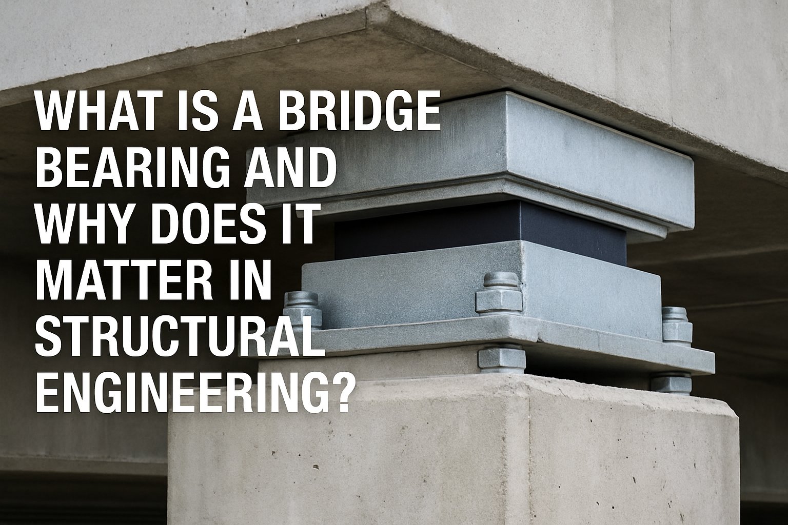 A close-up of a metal and rubber bridge bearing installed between concrete structures, with text overlay: "What is a bridge bearing? Discover its crucial role in structural engineering.