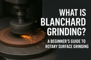 A grinding machine creates sparks as it smooths a circular metal surface. Large text reads, "What is Blanchard Grinding? Discover what is blanchard grinding in this beginner’s guide to rotary surface grinding.