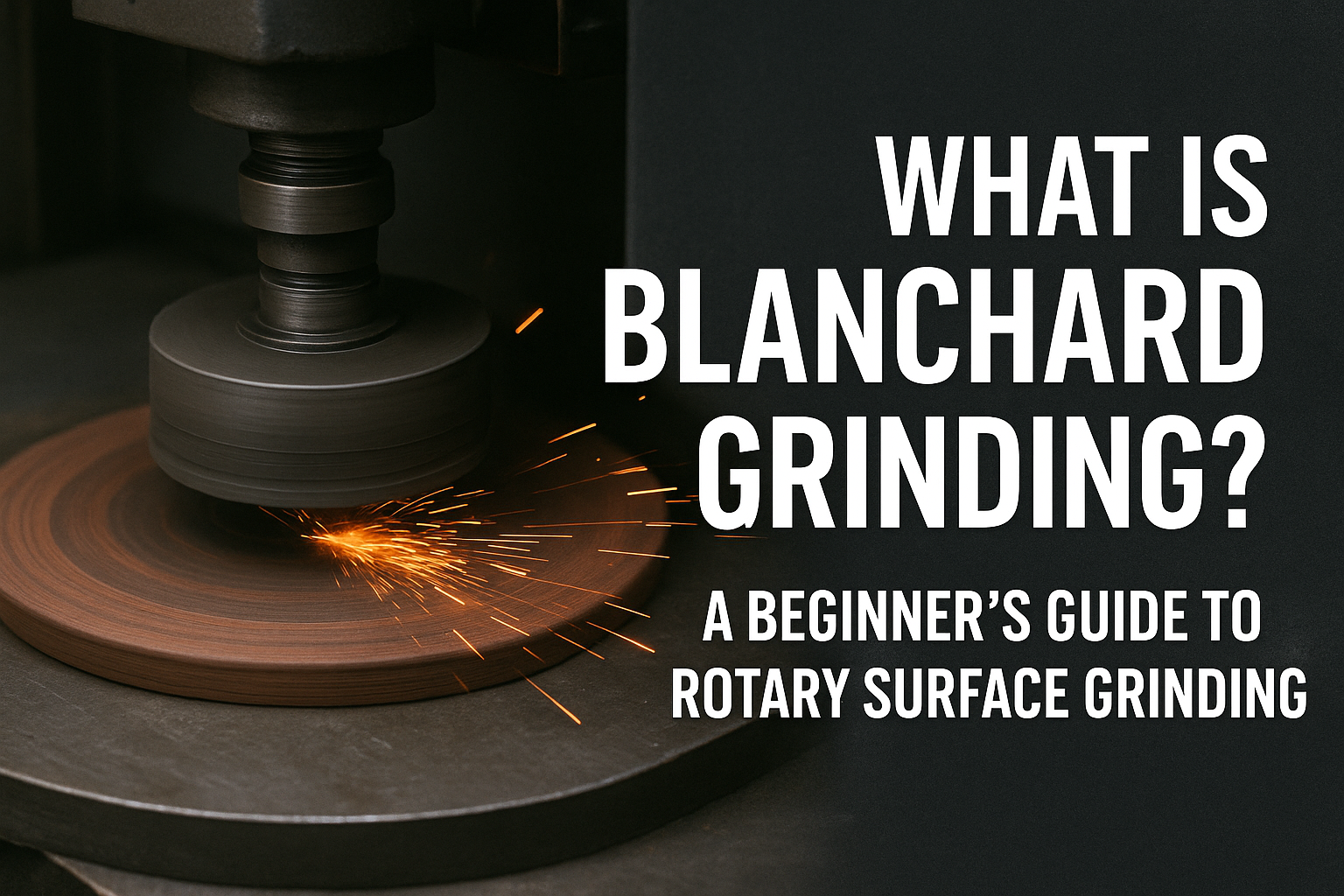 A grinding machine creates sparks as it smooths a circular metal surface. Large text reads, "What is Blanchard Grinding? Discover what is blanchard grinding in this beginner’s guide to rotary surface grinding.
