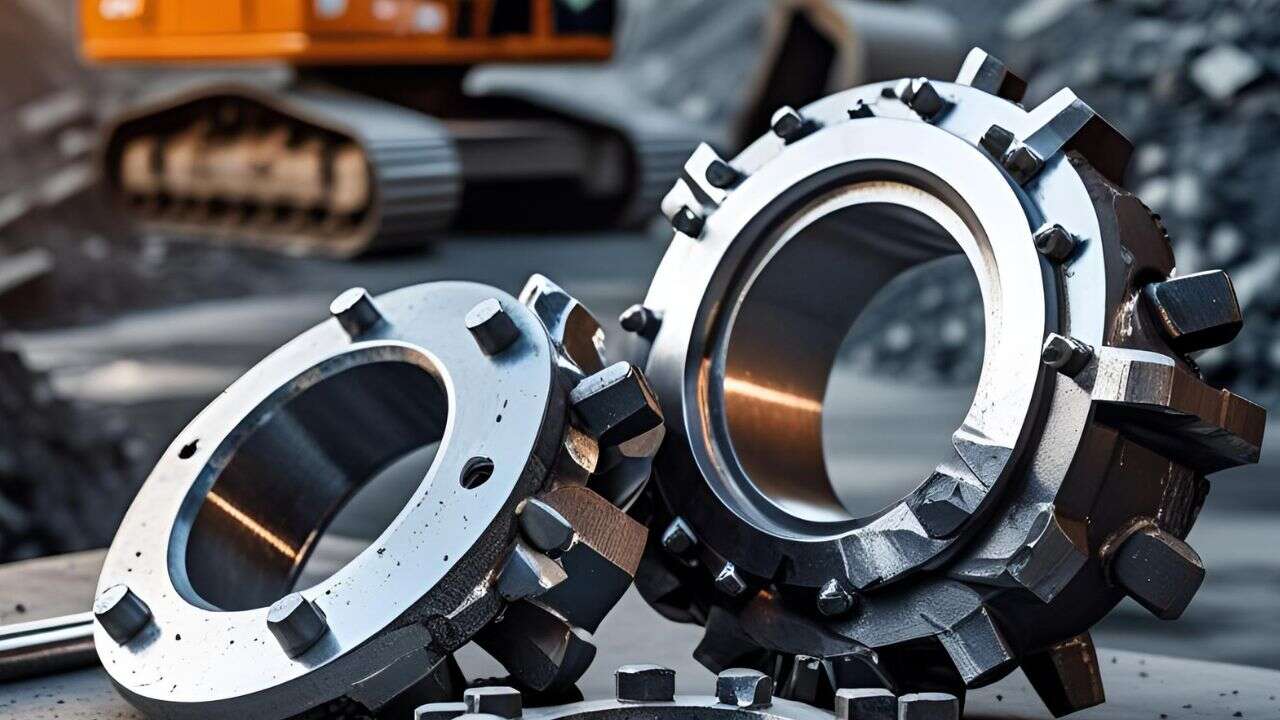 Two large, metallic high chrome cast iron wear parts with protruding bolts are placed on a surface outdoors. In the blurred background, part of a construction vehicle and rubble can be seen.