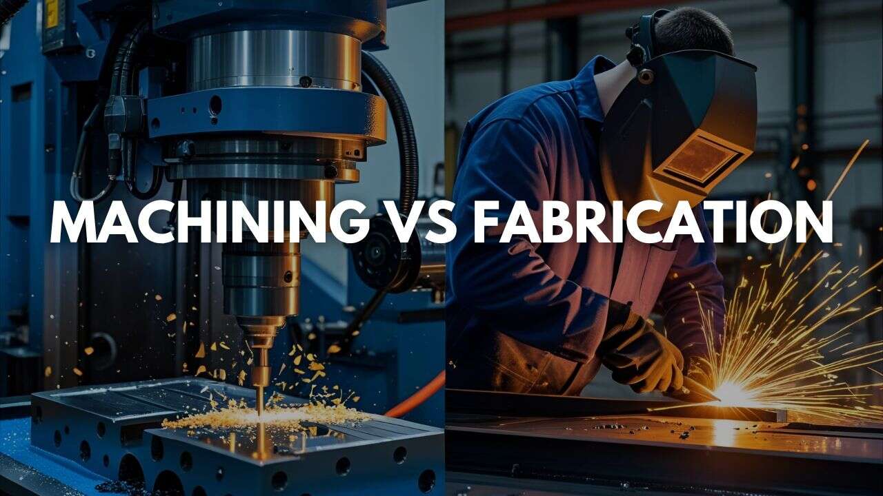 Split image shows a CNC machine cutting metal on the left and a person welding with sparks flying on the right. Large text in the center reads "Machining vs Fabrication Industrial Parts.