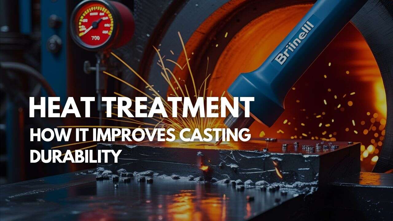 A metal object undergoes heat treatment casting with sparks flying, a Brinell hardness tester nearby. The text reads, "Heat Treatment: How It Improves Casting Durability on the Hardness Scale.