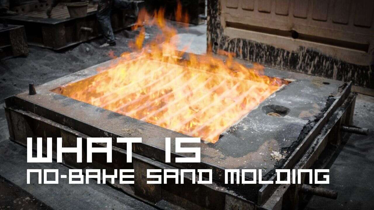 A large metal mold filled with burning orange flames in an industrial foundry, with the text "CHEMICALLY BONDED SAND MOLDING EXPLAINED" overlaid in bold white letters.