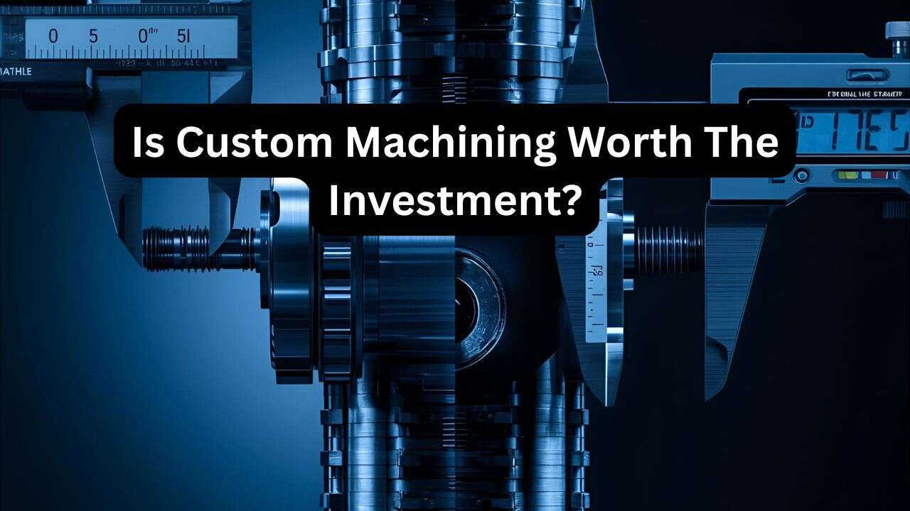 A precision metal part is measured by a digital caliper, with "Is Custom Machining Worth The Investment?" in bold white text, highlighting the benefits of custom machining.
