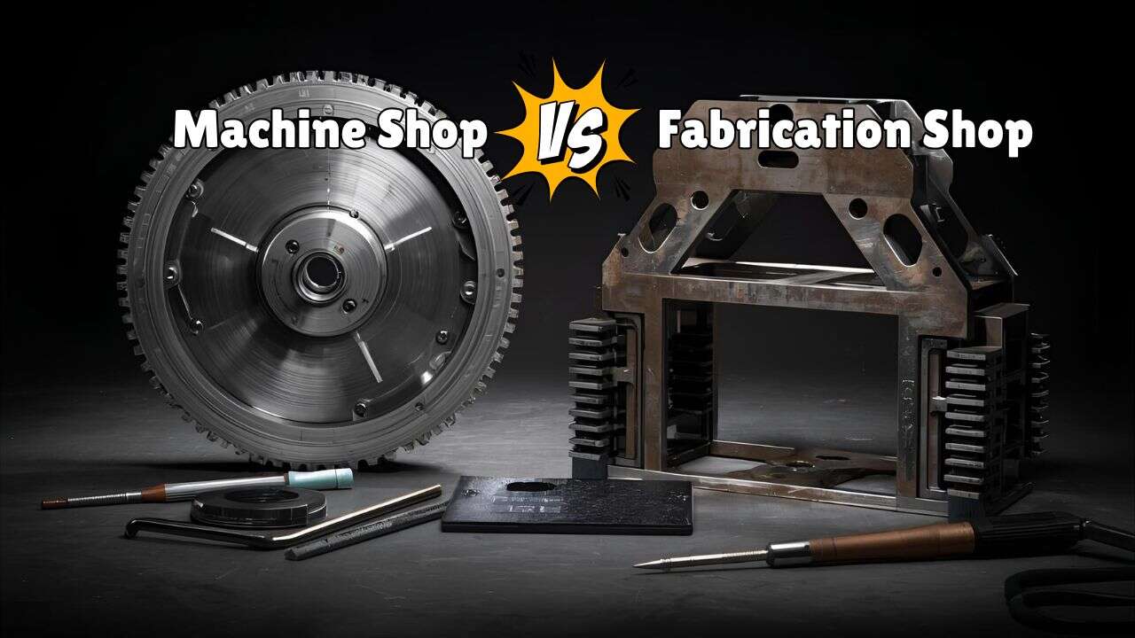 Large gear and precision tools on the left labeled "Machine Shop" versus welded metal frame and tools on the right labeled "Fabrication Shop," highlighting the classic machine shop vs fabrication shop comparison with a bold "VS" graphic in the center.