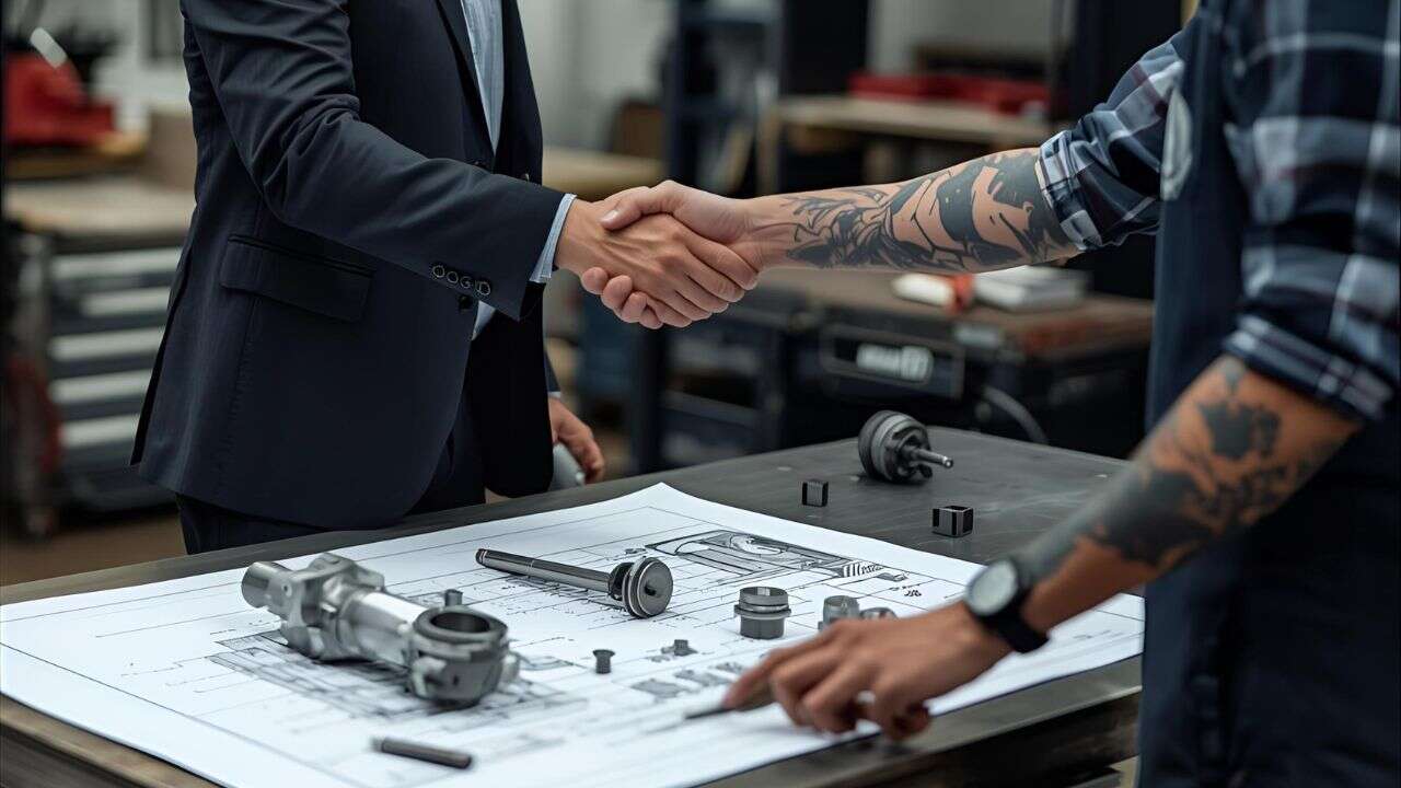 A person in a suit shakes hands with a person in a plaid shirt and apron over engineering blueprints and mechanical parts, illustrating how to choose a machinist in a workshop setting.