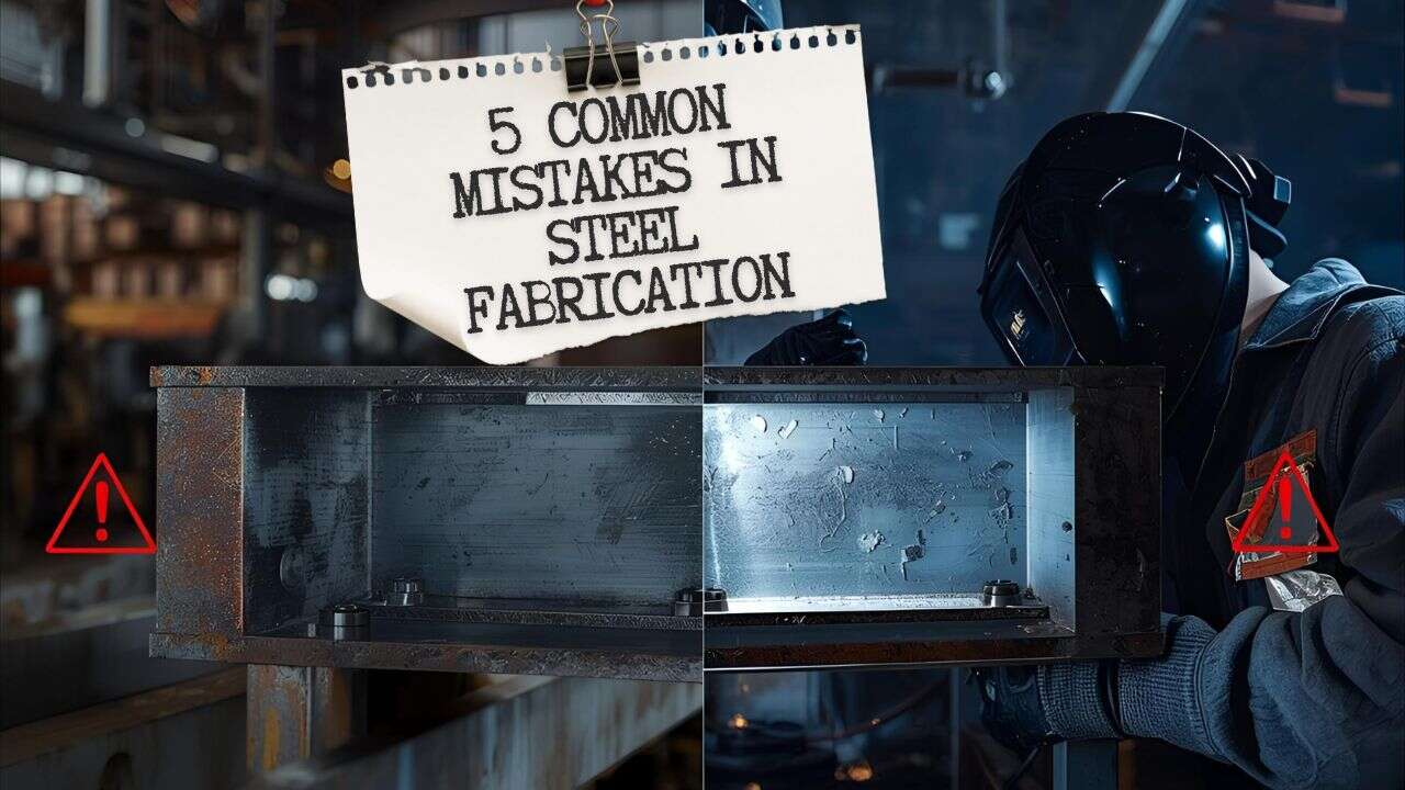 A split-image shows a steel fabrication scene with a welder on the right and a rusty steel piece on the left. A sign above reads "5 Common Steel Fabrication Mistakes" with warning icons on both sides.