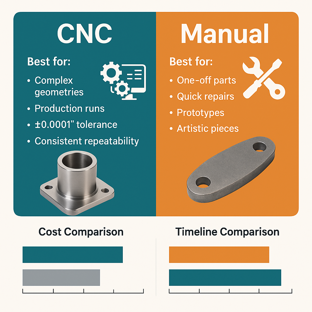 An infographic compares CNC and manual machining. CNC suits complex geometries, production runs, tight tolerances, and repeatability; manual suits one-off parts, repairs, prototypes, and artistic pieces. Cost and timeline bars are shown.