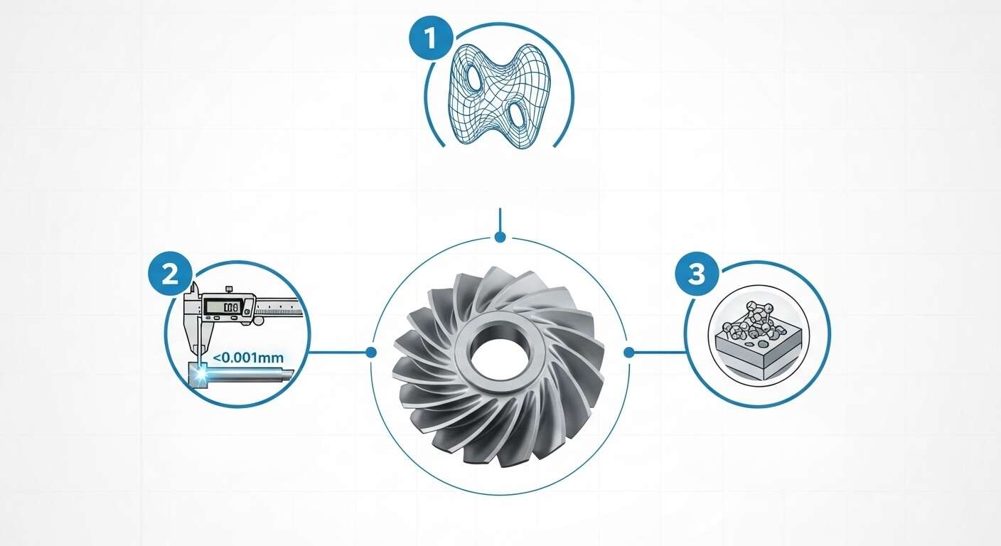 A central 3D turbine model connects to three icons, illustrating custom precision machining solutions: a 3D wireframe mesh (top), a digital caliper measuring “
