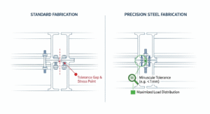 Diagram comparing standard and precision steel fabrication. The left shows a tolerance gap and stress point; the right shows minimized gaps (