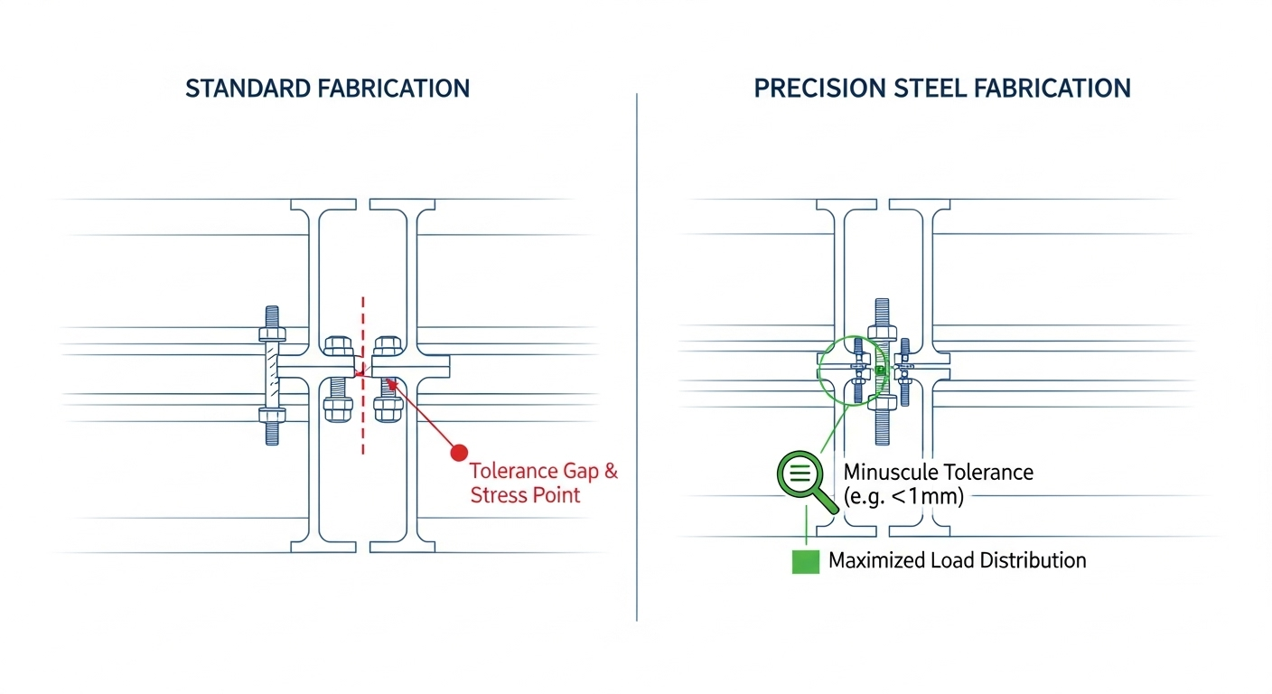 Diagram comparing standard and precision steel fabrication. The left shows a tolerance gap and stress point; the right shows minimized gaps (