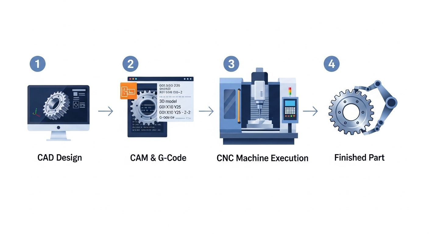 A four-step process: CAD design on a computer, CAM and G-code generation, precision CNC machining services for execution, and a robotic arm holding the finished mechanical part. Arrows connect each step sequentially.