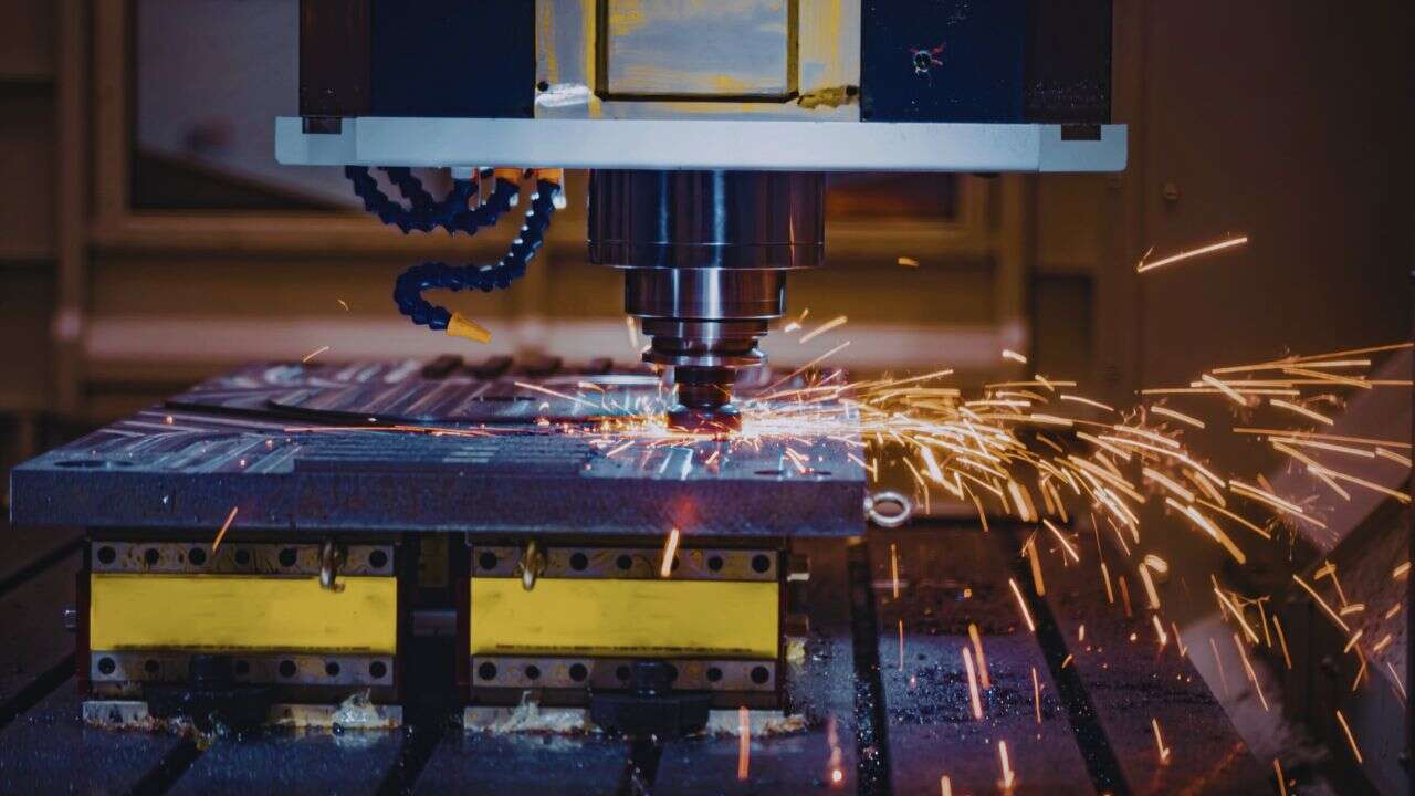 A CNC machining foundry machine cuts metal on a worktable, producing bright orange sparks that fly outward as the tool drills into the material in an industrial workshop.