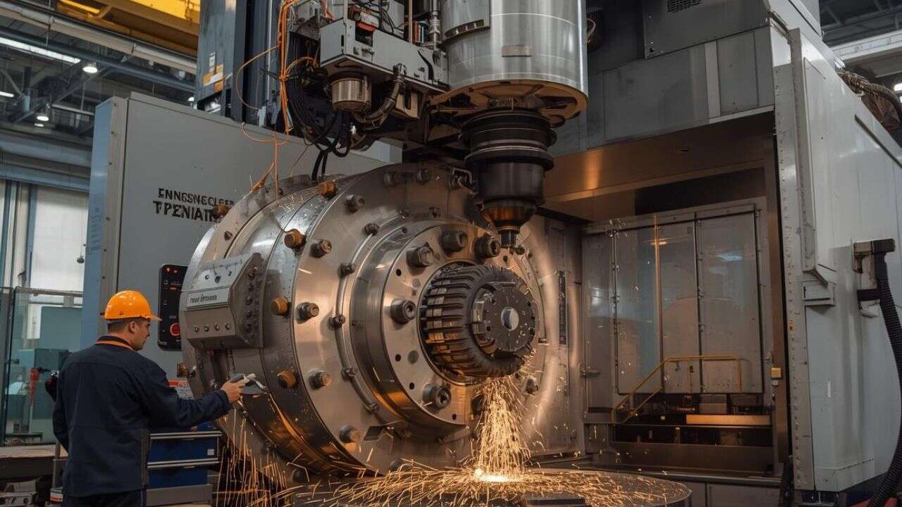 A worker in a hard hat operates a large industrial machine, as bright sparks fly from metal being machined inside a heavy industry setting.