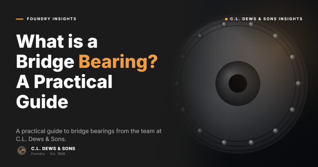 Dark-themed graphic with the title "What is a Bridge Bearing? A Practical Guide" in large text, and a stylized, circular mechanical diagram on the right. Includes C.L. Dews & Sons branding.