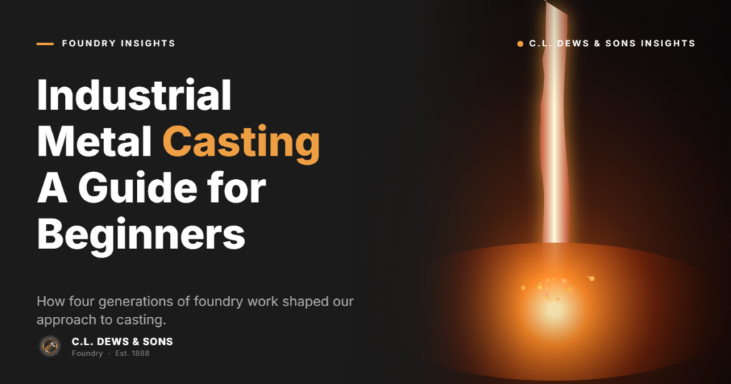 A promotional graphic for “Industrial Metal Casting: A Guide for Beginners” by C.L. Dews & Sons, featuring glowing molten metal pouring into a mold with bright orange highlights on a dark background.