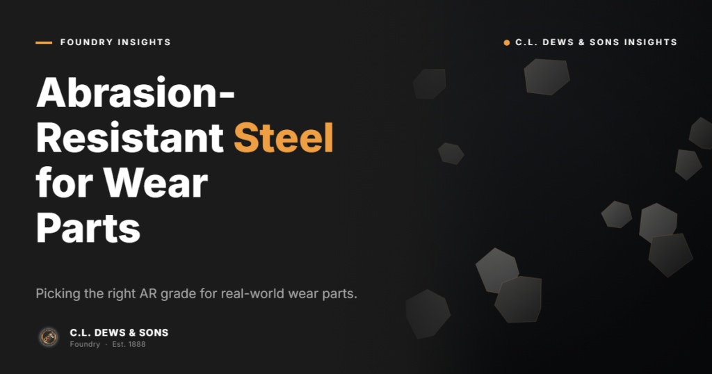 Black promotional banner with white and orange text reading "Abrasion-Resistant Steel for Wear Parts" and "Picking the right AR grade for real-world wear parts." C.L. Dews & Sons branding and hexagonal graphic elements are shown.
