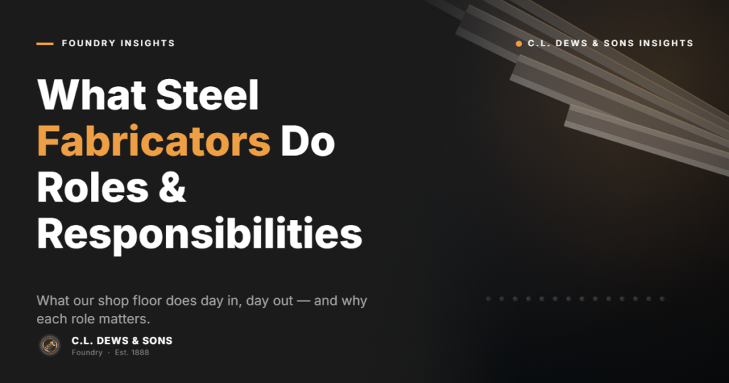 A dark-themed graphic titled "What Steel Fabricators Do: Roles & Responsibilities," featuring gold and white text and a geometric design in the top right corner. It mentions C.L. Dews & Sons and the importance of shop floor roles.