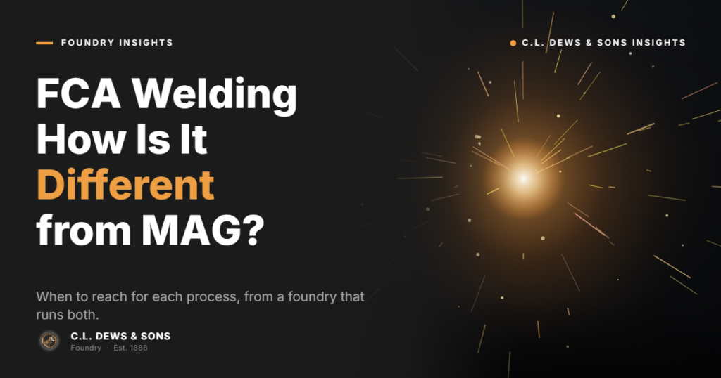 A graphic with the text "FCA Welding: How Is It Different from MAG?" next to a glowing burst of sparks on a dark background. The image promotes insights from C.L. Dews & Sons Foundry.