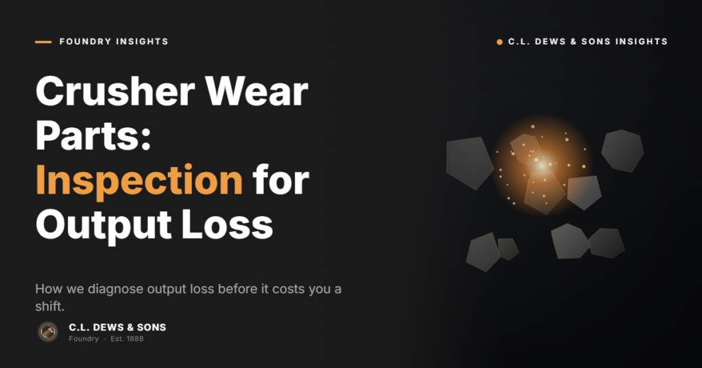 Presentation slide titled "Crusher Wear Parts: Inspection for Output Loss" with geometric shapes and glowing particles on a dark background, and C.L. Dews & Sons branding.