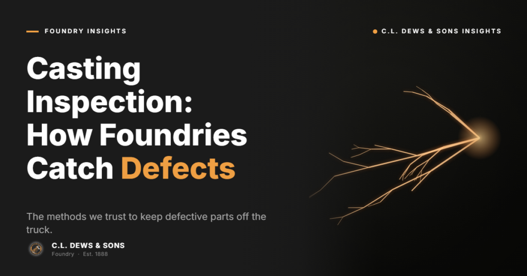 A dark image with bold white and orange text reading "Casting Inspection: How Foundries Catch Defects" and a graphic of glowing orange cracks on the right; small logos and text about C.L. Dews & Sons are at the corners.