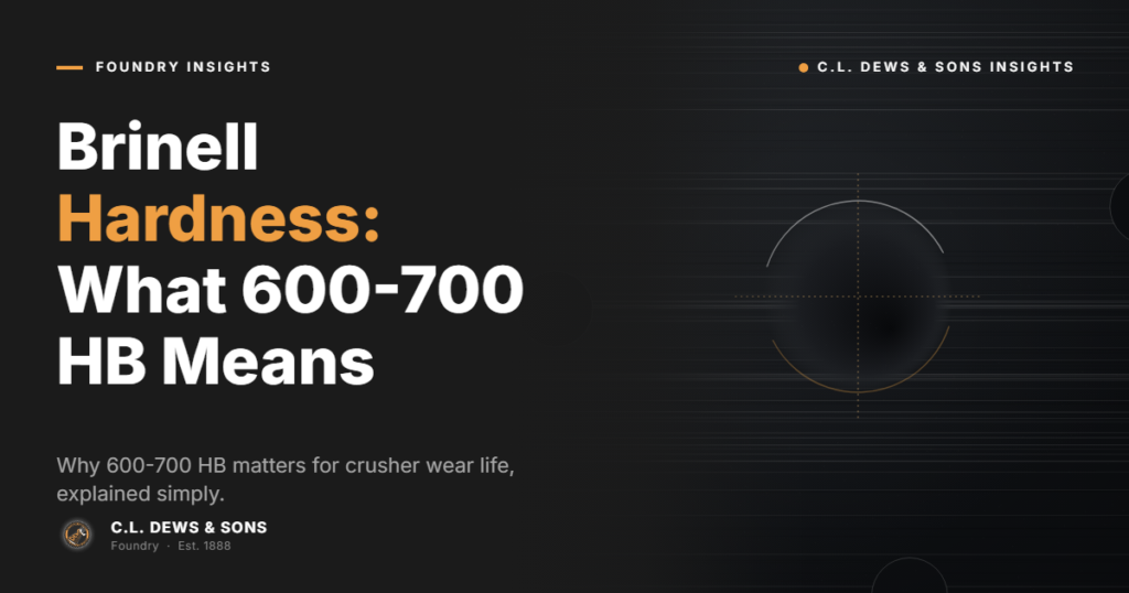 A graphic with the title "Brinell Hardness: What 600-700 HB Means" in large white and orange text. Subtext explains the importance of 600-700 HB for crusher wear life. The background features a faint target design.