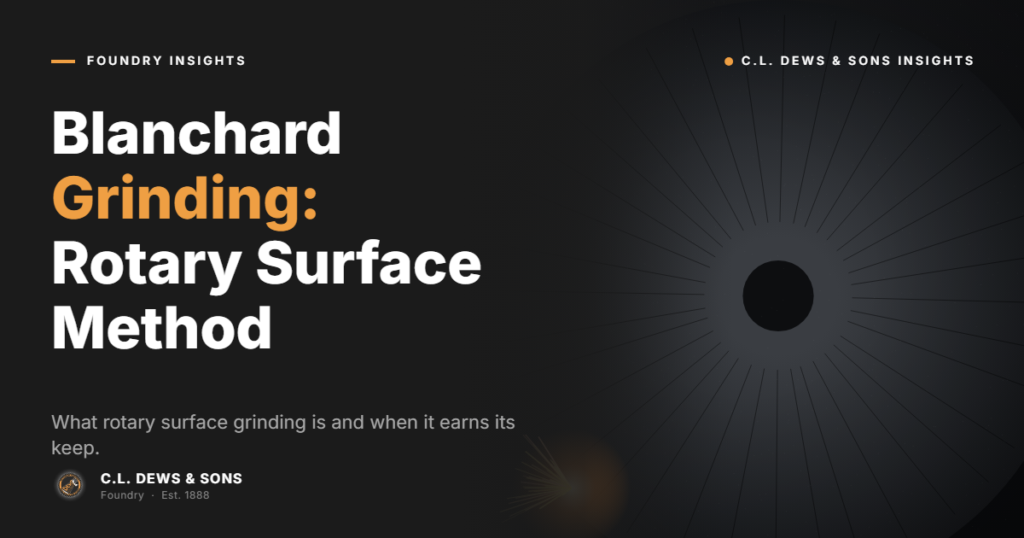 Dark graphic with sunburst pattern, featuring bold white and yellow text: "Blanchard Grinding: Rotary Surface Method." Subtext reads, "What rotary surface grinding is and when it earns its keep." C.L. Dews & Sons branding included.