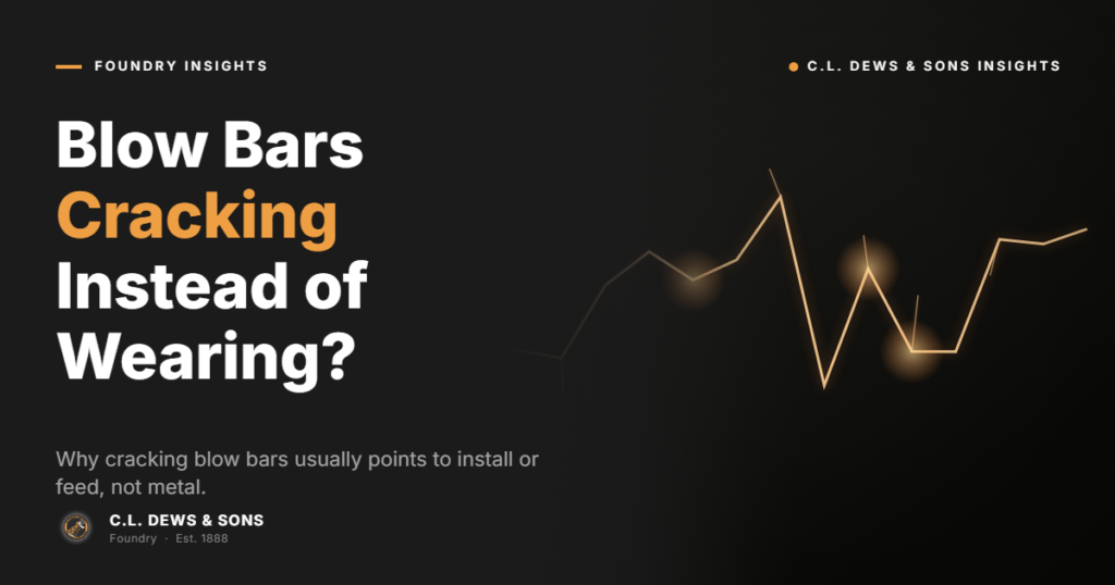 A dark graphic with the title “Blow Bars Cracking Instead of Wearing?” in bold white and orange text, a jagged yellow line, and the logo for C.L. Dews & Sons Foundry. Subtext discusses causes of blow bar cracking.