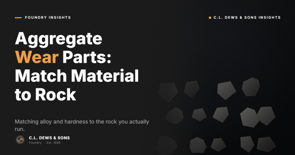 Dark promotional banner for C.L. Dews & Sons with the text “Aggregate Wear Parts: Match Material to Rock” in large letters, emphasizing the word "Wear" in yellow. Geometric rock shapes are scattered on the right.