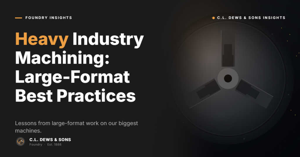 A promotional graphic titled "Heavy Industry Machining: Large-Format Best Practices" with a subtle image of a large industrial machine part on the right. Text below mentions lessons from large-format work by C.L. Dews & Sons.
