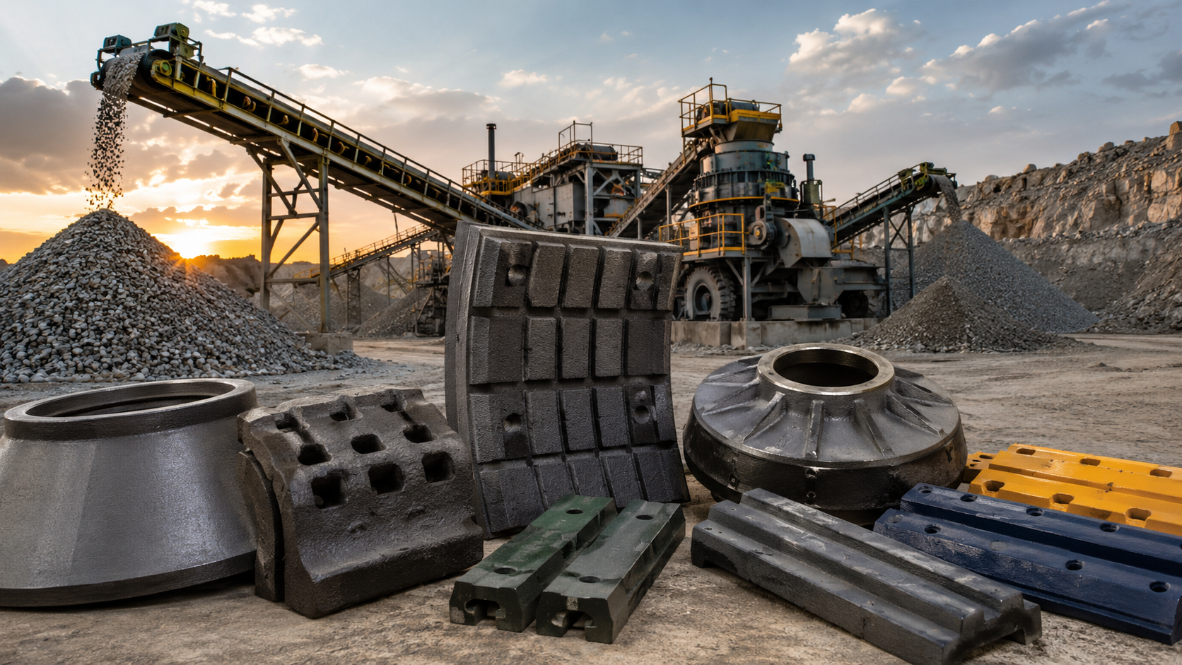 Aggregate industry wear parts displayed in front of quarry crushers, conveyors, and gravel piles at an active aggregate production site