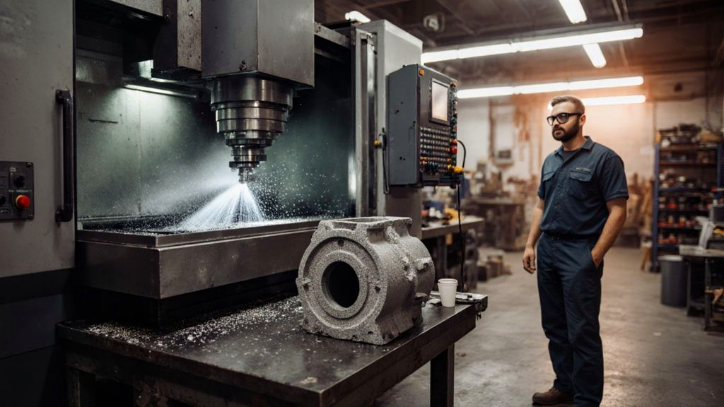 Machinist loading a steel casting into a CNC machining center on the foundry floor