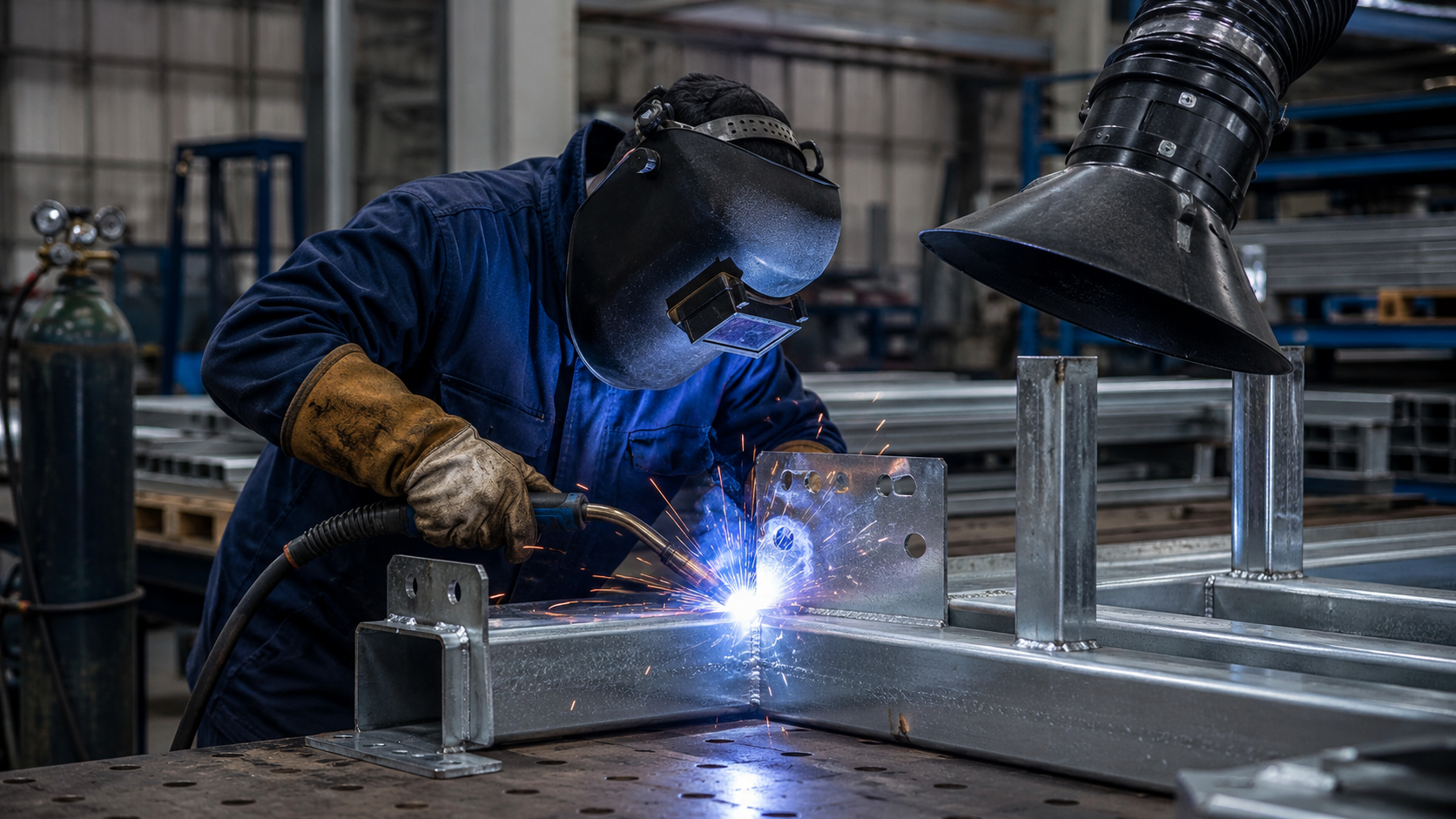 Welder using fume extraction while demonstrating how you can weld galvanized steel safely in an industrial fabrication shop.